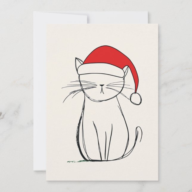 "Minimalist Sketch Christmas Cat Santa Hat Holiday Card (Front)