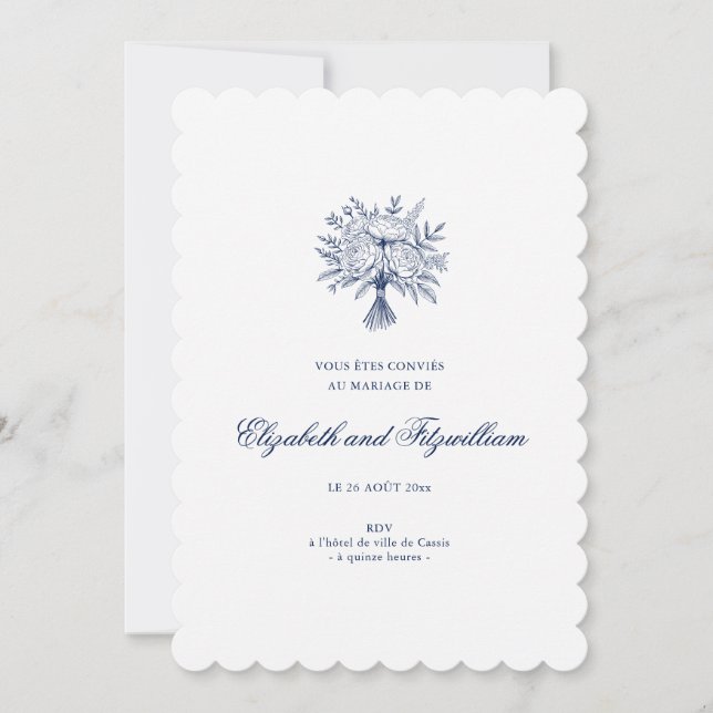 Minimalist Sketched Bridal Bouquet Wedding Scallop Invitation (Front)
