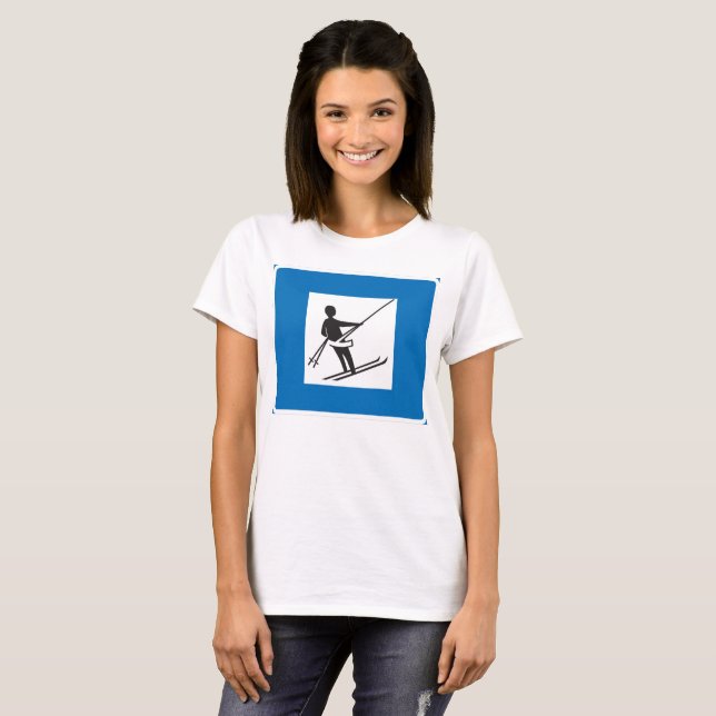 Minimalist Ski Lift Symbol With Blue Border  T-Shirt (Front Full)