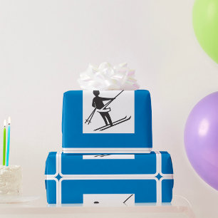 Minimalist Ski Lift Symbol With Blue Border Wrapping Paper