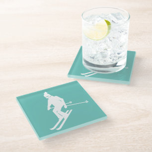 Minimalist Skier Winter Teal White Glass Coaster
