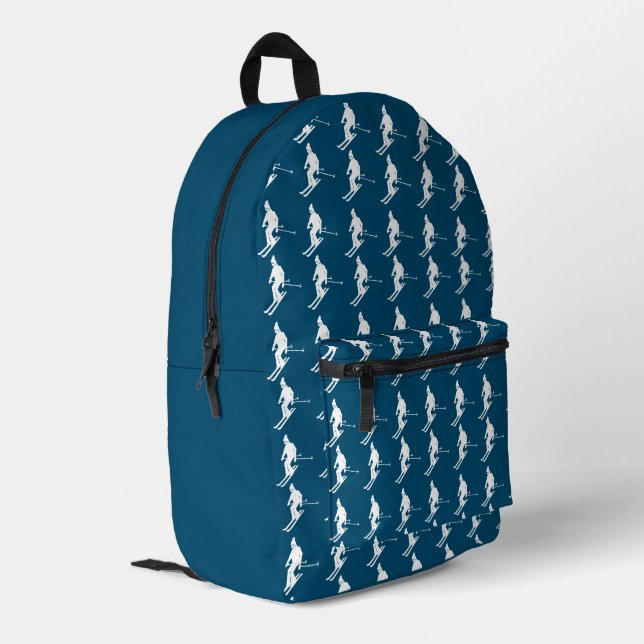 Minimalist Skiers Winter Pattern Navy Blue Printed Backpack (Back Corner Left)