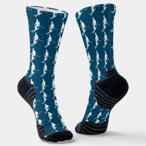 Minimalist Skiers Winter Pattern Navy Blue Socks