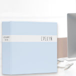 Minimalist Skinny Font Name Pretty Powder Blue 3 Ring Binder<br><div class="desc">Feminine minimalist design personalized with your chosen name and optional spine title. The binder features trendy skinny font lettering and a color palette of powder blue, black and white. Ideal for organizing your paperwork for your home, office or studies. This simple yet pretty design with whimsical typography is available in...</div>