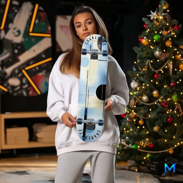Minimalist Sky Blue and Black Geometric Skateboard (Creator Uploaded)