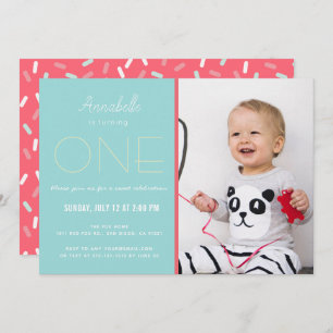 Minimalist Sky Blue x Red Girl Photo 1st Birthday Invitation