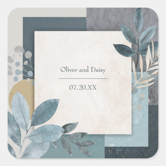 Minimalist Slate Blue Gold Leaf Geometric Wedding Square Sticker (Front)