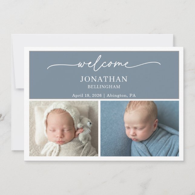 Minimalist Slate Blue Photo Baby Announcement Card (Front)