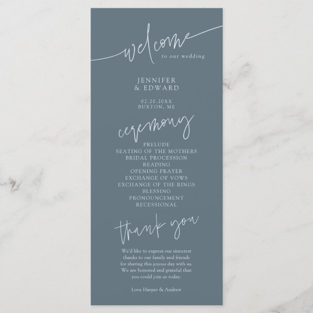 Minimalist Slate Blue Wedding Ceremony Program (Front)
