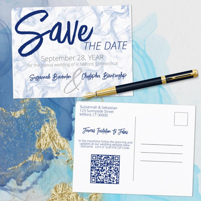 Minimalist Smokey Blue and White QR Code Announcement Postcard (Creator Uploaded)