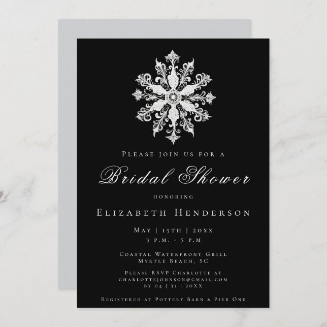 Minimalist Snowflake Bridal Shower | Black Invitation (Front/Back)