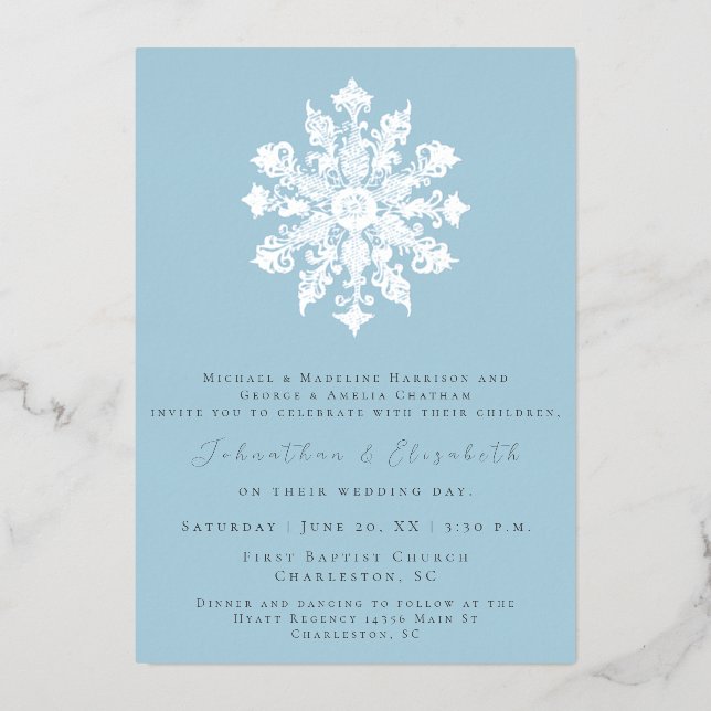 Minimalist Snowflake | Ice Blue Wedding Foil Invitation (Front)