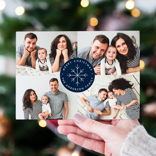 Minimalist Snowflake Navy 4 Photo Collage Holiday Card