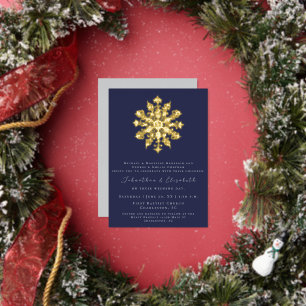 Minimalist Snowflake   Navy Blue Wedding Foil Invitation