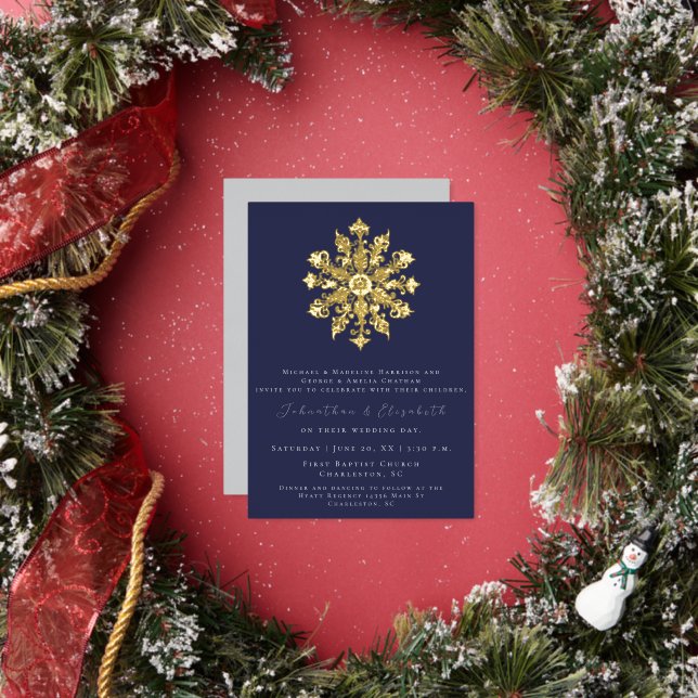 Minimalist Snowflake | Navy Blue Wedding Foil Invitation (Insitu)