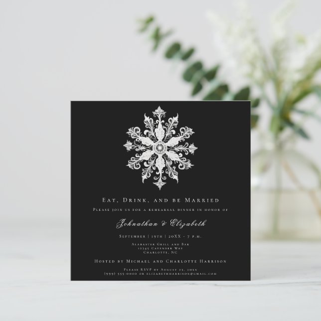 Minimalist Snowflake Rehearsal Dinner | Black Invitation (Standing Front)