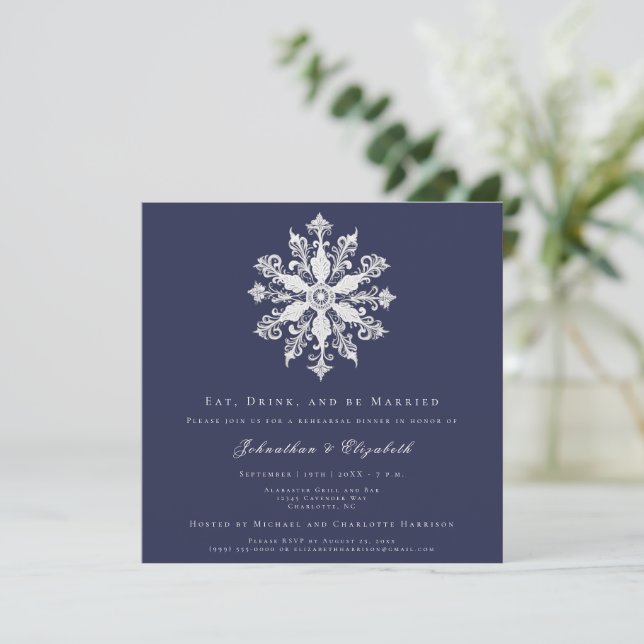 Minimalist Snowflake Rehearsal Dinner | Navy Blue Invitation (Standing Front)