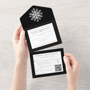 Minimalist Snowflake Wedding Black All In One Invitation