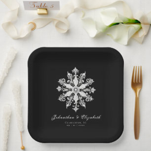 Minimalist Snowflake Wedding   Black Paper Plates