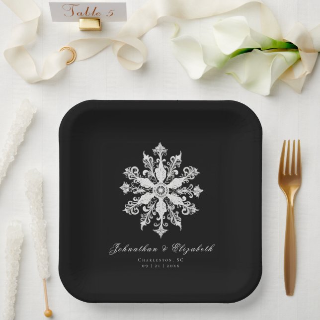 Minimalist Snowflake Wedding | Black Paper Plates (Wedding)