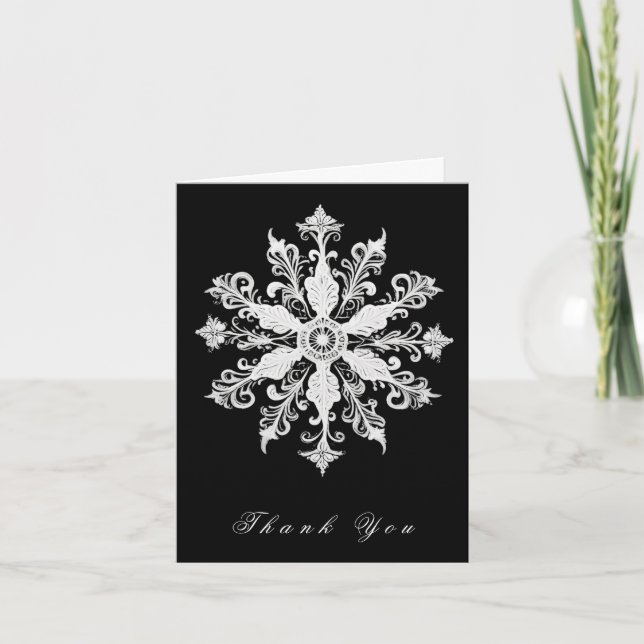Minimalist Snowflake Wedding | Black Thank You Card (Front)