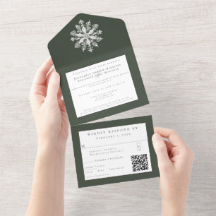 Minimalist Snowflake Wedding Green All In One Invitation