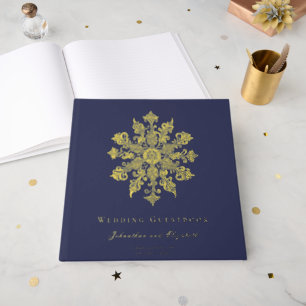 Minimalist Snowflake Wedding Navy Blue Foil Guest Book