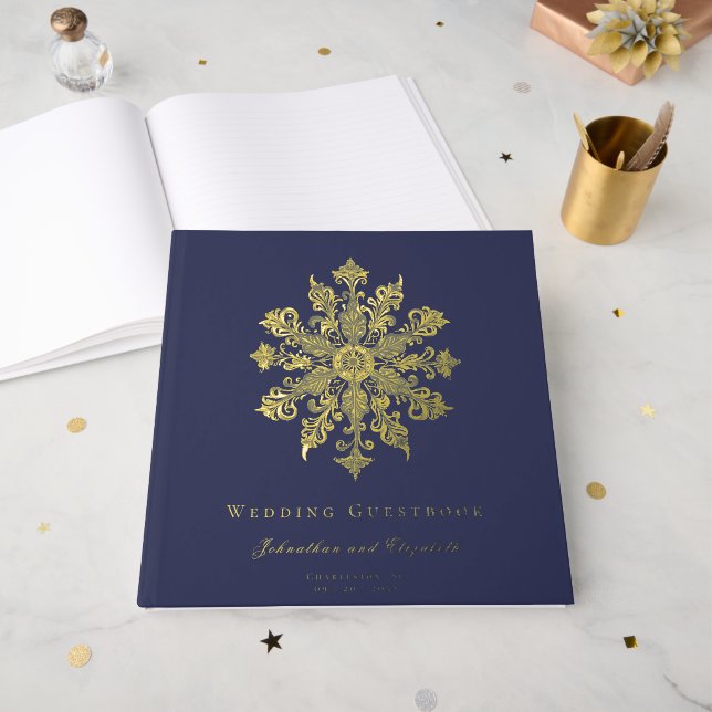 Minimalist Snowflake Wedding | Navy Blue Foil Guest Book (Front Open)