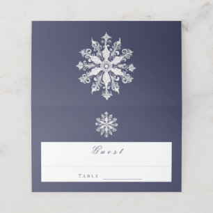 Minimalist Snowflake Wedding Navy Blue Place Card