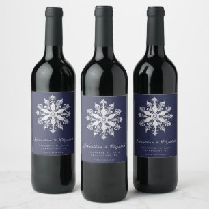 Minimalist Snowflake Wedding   Navy Blue Wine Label