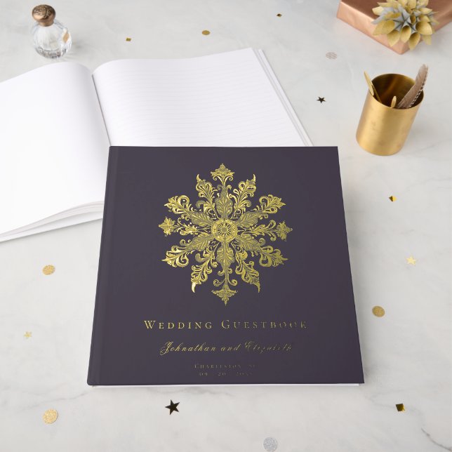 Minimalist Snowflake Wedding | Plum Purple Foil Guest Book (Front Open)
