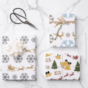 Minimalist Snowflakes, Deers, Trees and Bells Wrapping Paper Sheets