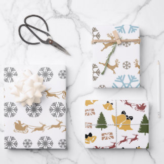 Minimalist Snowflakes, Deers, Trees and Bells Wrapping Paper Sheets