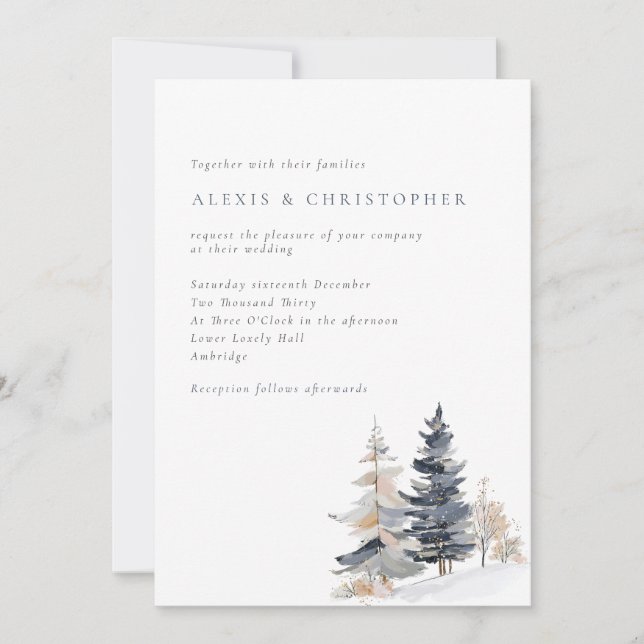 Minimalist Snowy Trees Winter Wedding Invitation (Front)