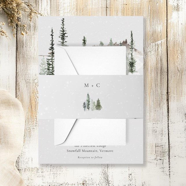 Minimalist Snowy Winter Pine Tree Initial Wedding Invitation Belly Band (Creator Uploaded)