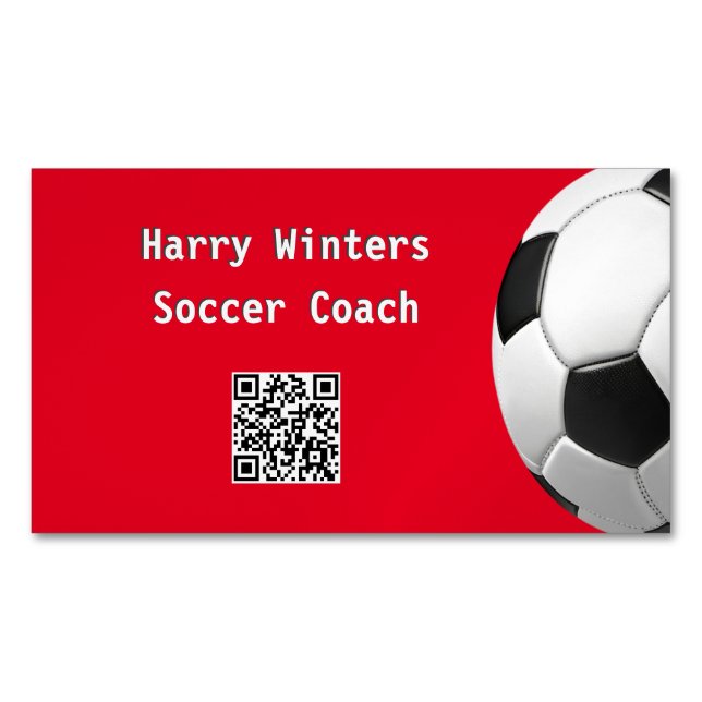 Minimalist Soccer Ball Red QR Code Football Coach Business Card Magnet (Front)