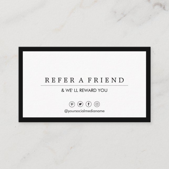 Minimalist Social Media Luxe Black&White Referral Business Card (Front)