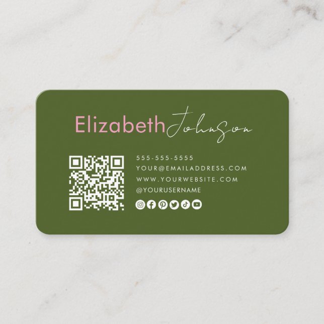 Minimalist Social Media Qr Code Moss Green Pink Business Card (Front)