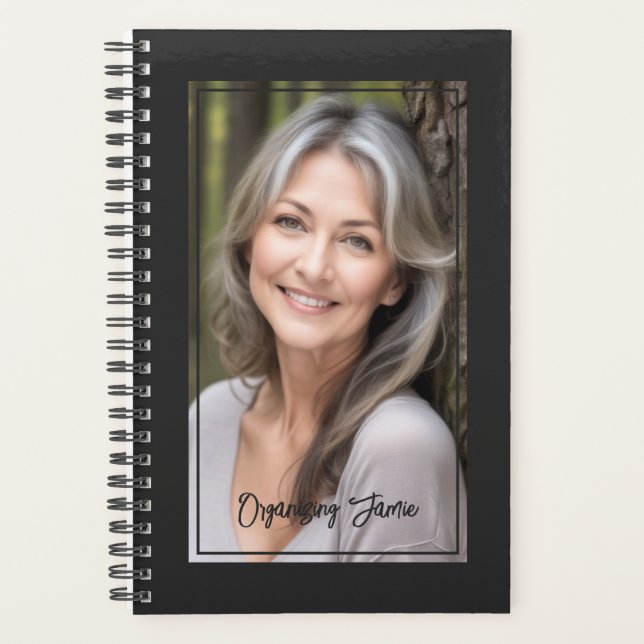 Minimalist Soft Black Personalized Script Photo Planner (Front)