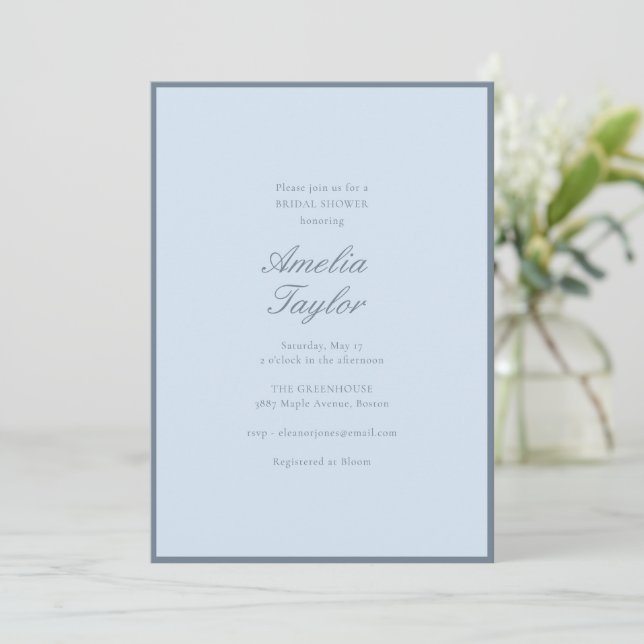 Minimalist Soft Blue Script Classic Bridal Shower Invitation (Standing Front)