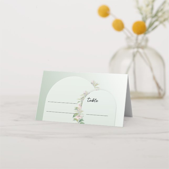Minimalist soft green boho arch blush floral place card (Front)