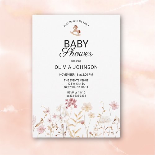 Minimalist Soft Pink Floral Baby Shower Invitation