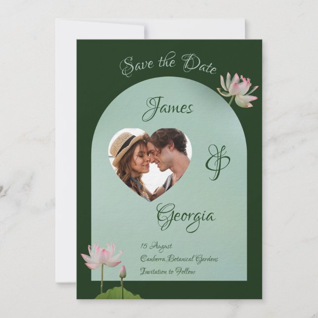 Minimalist soft pink & green lotus save the date i invitation (Front)