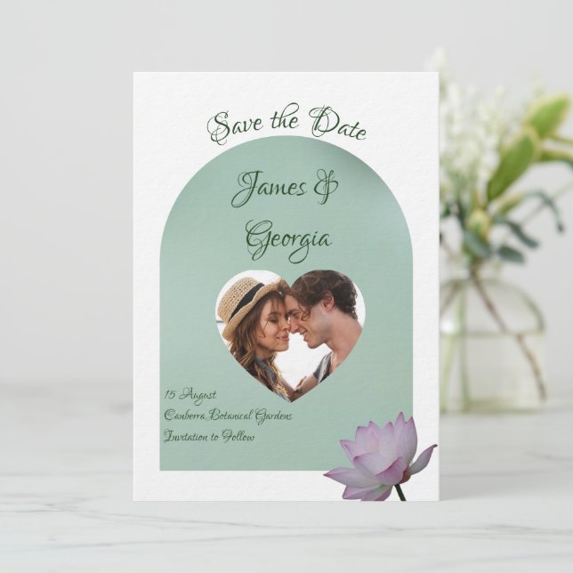 Minimalist soft pink & green lotus save the date invitation (Standing Front)