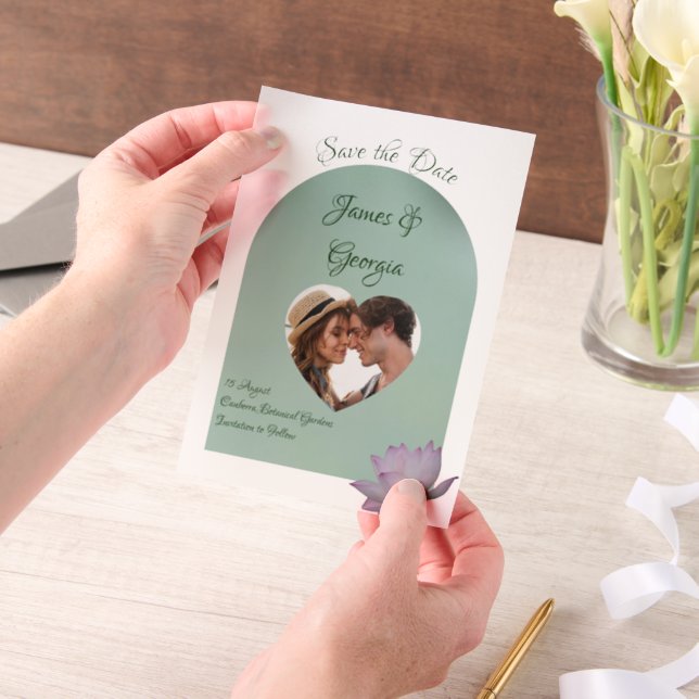 Minimalist soft pink & green lotus save the date vellum invitations (Handheld)