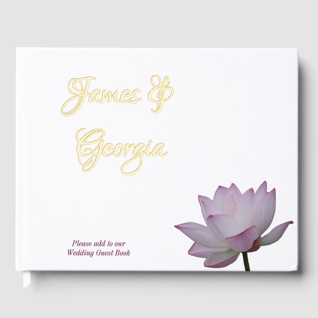 Minimalist soft pink & green lotus Wedding  Foil Guest Book (Front)