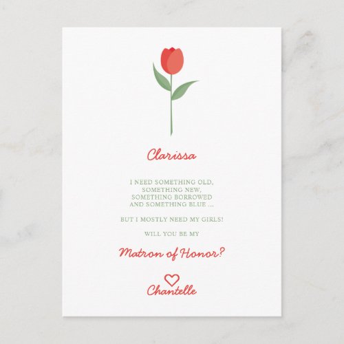 Minimalist Soft Red Tulip for Bridesmaid Proposal Postcard