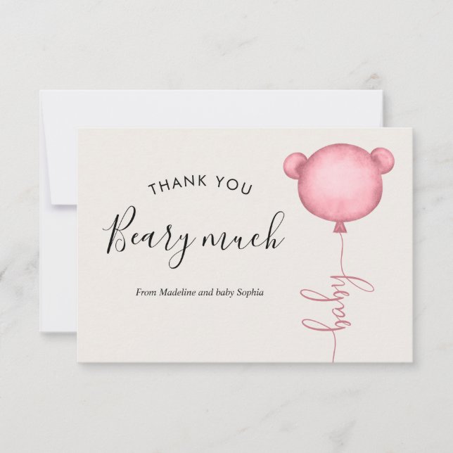 Minimalist Someone Beary Pink Balloon Baby Shower Thank You Card (Front)