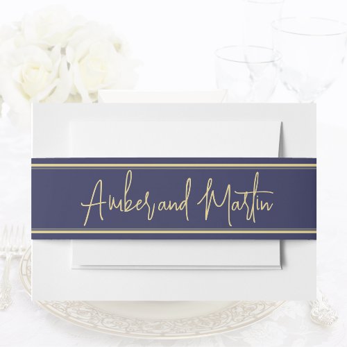 Minimalist Sophisticated Navy Blue Gold Grey Chic Invitation Belly Band