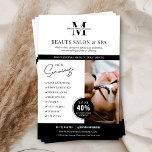 Minimalist Spa Salon Services Business Marketing Flyer<br><div class="desc">Minimalist business marketing flyer with space for your monogram or logo, services, contact details and a custom photo. This professional beauty salon or spa marketing leaflet features a modern black and white design and a discount offer badge to attract new customers. An easy way to advertise your services and special...</div>